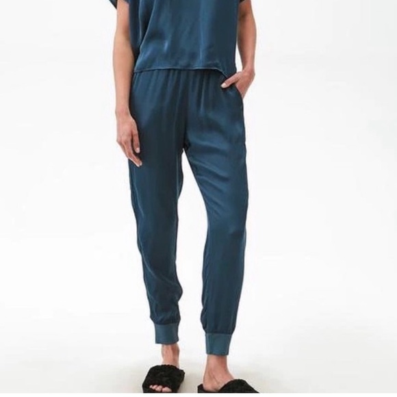 NWT Michael Stars Lidia Satin Knit Mix Blue Relaxed Jogger Pants Size Small - Picture 1 of 7